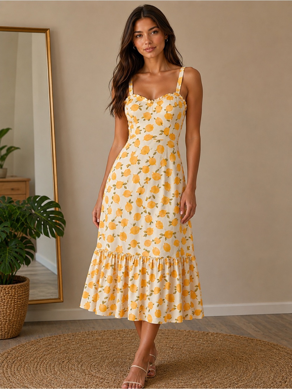 MELLODAY Yellow Lemon Print Midi Dress